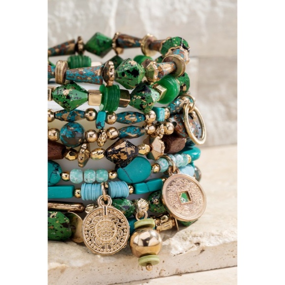 Green Hidden Valley Multi Layer Natural Stone Charm Boho Stretch Bracelet Set - Picture 5 of 5